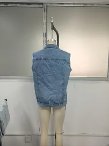 Detailed back view of a classic blue sleeveless denim vest jacket for women shown on a mannequin