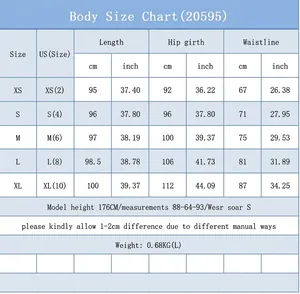 Detailed body size chart for women's denim skirt with measurements in cm and inches.