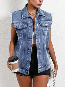 Stylish blue acid wash denim vest for women with frayed armholes and chest pockets