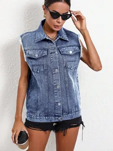Stylish women's vintage blue denim vest featuring raw edges and front button pockets
