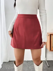Mini-jupe trapèze en cuir PU rouge à taille haute avec coutures verticales pour femmes