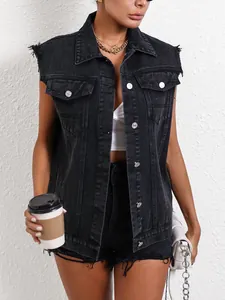 Distressed black denim vest with frayed armholes for women's trendy casual street style