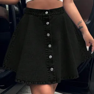 High-waist black A-line denim mini skirt with button-down front design