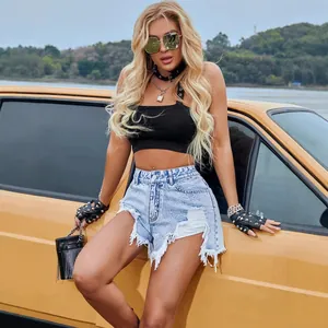 Short en jean taille haute pour femme avec ourlet effiloché et déchirures style urbain