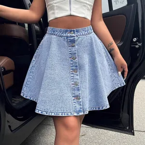 Trendy high-waisted A-line denim skirt with front button-down design for a casual look.
