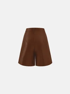 Back view of brown faux leather wide-leg shorts with a high-waisted A-line fit.