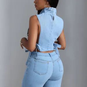 Sexy top corto in denim azzurro senza schiena con collo alto e lacci laterali