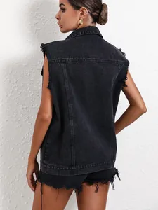 Detailed back view of a black sleeveless denim vest featuring raw frayed armholes.