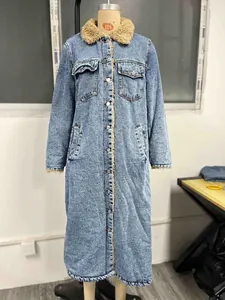 Veste longue en jean pour femme doublée de polaire avec col chaud en fausse fourrure