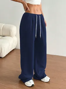 Pantalon de jogging large pour femme bleu marine, pantalon décontracté à cordon