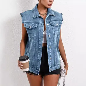 Women's Casual Denim Vest Distressed Raw Hem Sleeveless Jean Jacket Slim Fit Washed Denim Top With Pockets Streetwear
