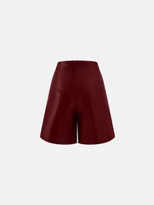 Detailed back view of high-waisted wine red A-line PU leather wide-leg shorts