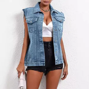 Classic light blue denim vest for women with frayed sleeveless design and chest pockets