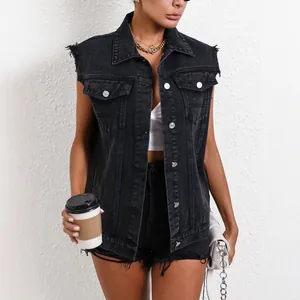 Women's black distressed denim vest jacket, sleeveless casual street style.