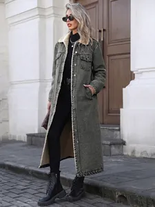 Veste longue en jean oversize avec doublure en polaire chaude et délavage gris vintage