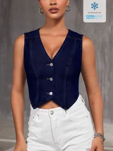 Gilet en jean bleu foncé ajusté à col en V pour femme avec trois boutons élégants