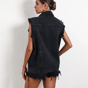 Distressed black sleeveless denim vest for women with frayed armholes back view