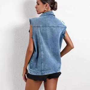 Women's blue denim sleeveless vest with frayed edges and button-up back view