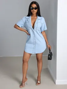 Casual light blue lapel short sleeve loose denim shirt dress with button-up detail