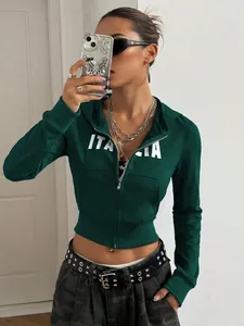 Modischer dunkelgrüner Zip-Up Cropped Hoodie mit Italia Aufdruck für Damen Streetwear