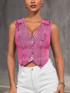 Gilet élégant en jean rose délavé avec col en V et boutons argentés pour femme