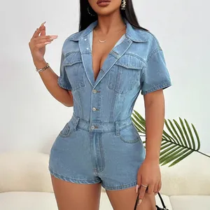 Chic women's light blue denim romper featuring a lapel collar and functional pockets