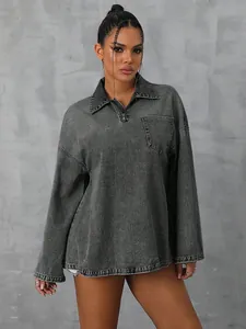 Oversized grey washed denim long sleeve shirt with quarter zip and front pocket.