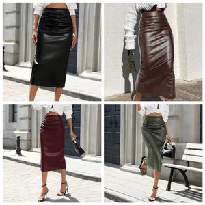 Jupe Midi en Cuir PU Élégante pour Femmes Jupe Crayon Moulante Taille Haute avec Fente Arrière Chic Navette Couleur Unie