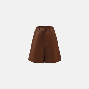 High-waisted brown PU leather A-line wide-leg shorts for women with button closure