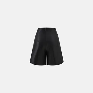 Elegant black high-waisted wide-leg PU leather A-line shorts for women's street style fashion