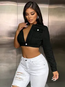 Sexy asymmetric black denim crop top with one long sleeve and strap design detail