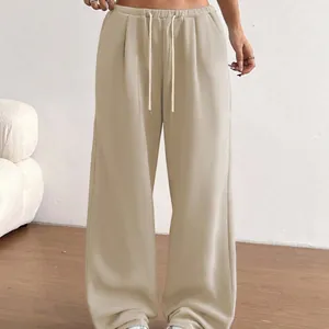 Pantalon de jogging large décontracté pour femme avec taille élastique à cordon beige