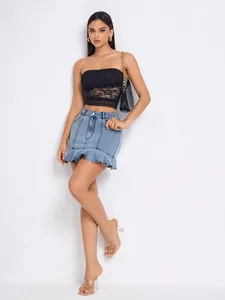Stylish high waist denim mini skirt with ruffled hem detail