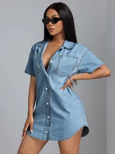 Stylish short sleeve denim shirt dress with lapel collar and loose fit design
