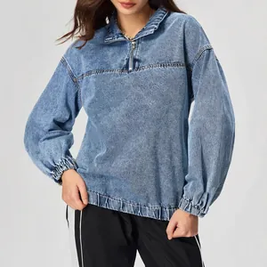 Giacca Pullover in Denim Oversize da Donna Vintage Acid Wash Quarter Zip Felpa con Cappuccio Manica Lunga Casual Streetwear