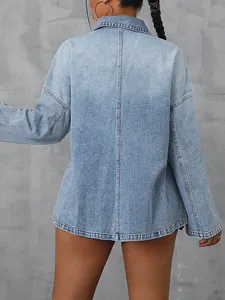 Rear view detail of a stylish oversized light blue denim jacket with long sleeves for women