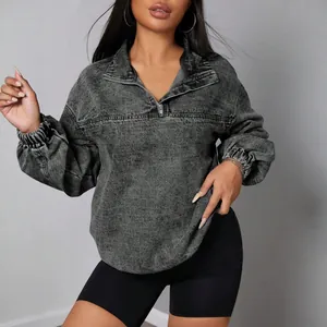 Giacca in denim grigio lavaggio acido a taglio ampio con mezza zip e polsini elastici