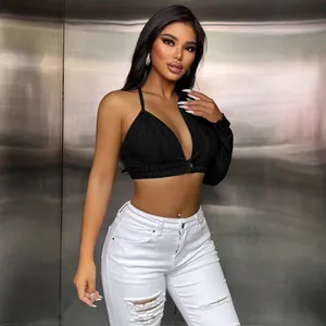 Women Sexy Asymmetric Denim Crop Top Long Sleeve Stitching Camisole Strap One Shoulder Washed Denim Shirt Streetwear