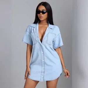Women Denim Shirt Dress Loose Fit Short Sleeve Lapel Collar Button Down Casual Cotton Blend Washed Denim Midi Dress With Pockets