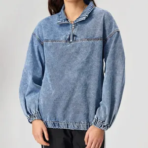 Giacca pullover in denim blu lavato oversize con pratica mezza zip da donna casual