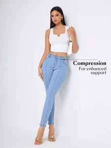 Light blue high-waisted skinny jeans with functional compression for enhanced support.