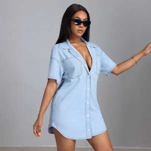Chic light blue short sleeve oversized denim shirt dress with stylish lapel collar for women