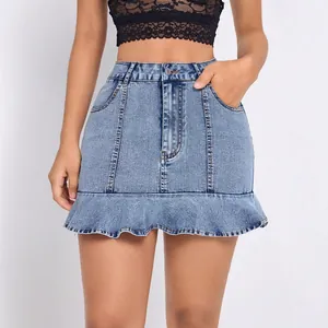 High Waisted Denim Ruffle Hem Mini Skirt For Women Solid Blue Streetwear Denim Skirt With Pockets Fashion Casual Bottoms