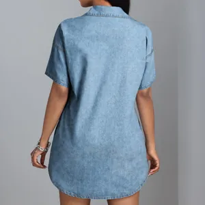Loose short sleeve denim shirt with lapel collar for women in light blue wash