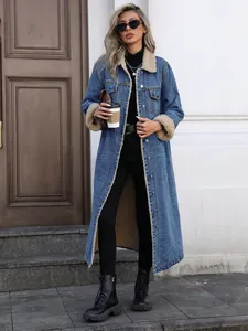 Élégante veste longue en jean bleu avec doublure chaude en polaire sherpa pour femme