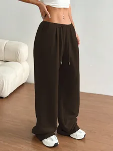Pantalon de jogging décontracté pour femme à jambe large en marron foncé avec cordon