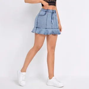 Trendy high waist light blue denim mini skirt with feminine ruffle hem detail for women