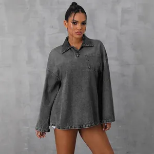 Oversized washed grey denim long sleeve shirt featuring a zipper collar and pocket