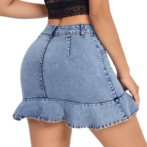 Women's high-waist blue denim mini skirt featuring a stylish ruffled lotus leaf hem