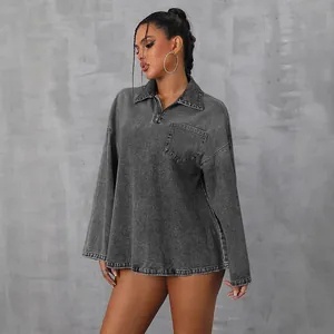 Stylish loose grey washed denim long sleeve shirt with quarter zip and front chest pocket